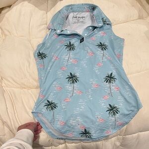 Full Wedge Golf Sleeveless Polo Blue Flamingo and Palm Tree Sleeveless Shirt